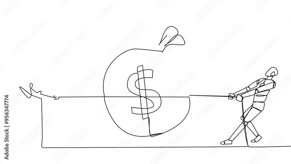 Self drawing animation of single continuous line drawing two robots fighting over a money bag. Misunderstood artificial intelligence. Fighting over money that is not the rights. Full length animated Self drawing animation of single continuous line drawing two robots fighting over a money bag. Misunderstood artificial intelligence. Fighting over money that is not the rights. Full length animated