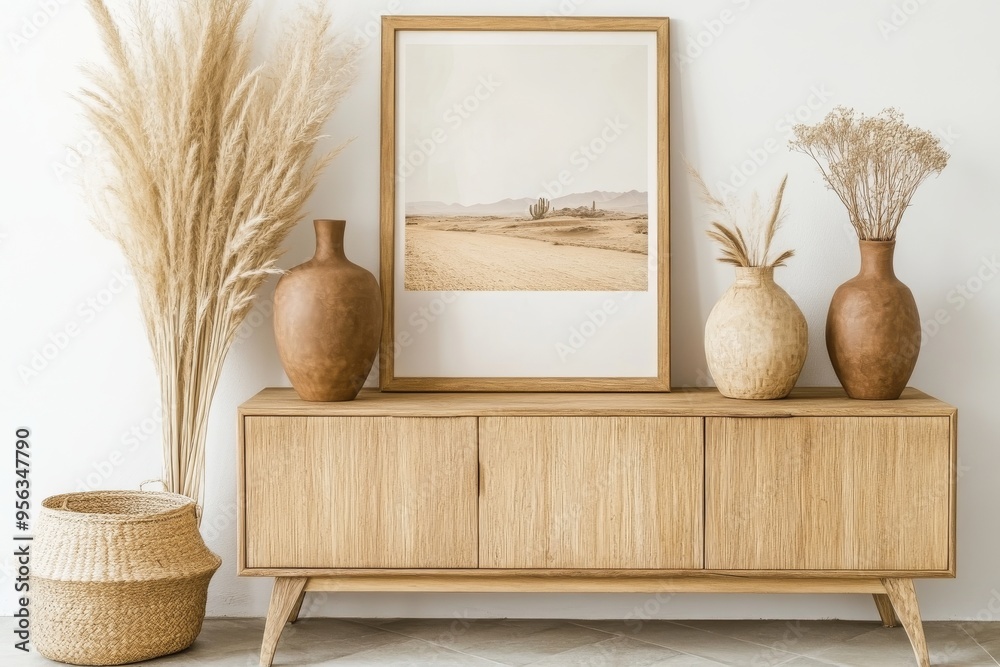 Farmhouse interior design of a modern home entryway. Furniture in the hall includes a wood cabinet, a vase with a tree in clay and a poster frame against a beige wall. Farmhouse interior design of a modern home entryway. Furniture in the hall includes a wood cabinet, a vase with a tree in clay and a poster frame against a beige wall.