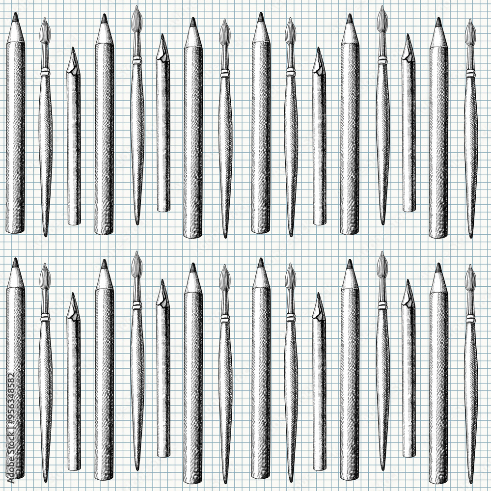 Seamless pattern different stationery, pencil, brush. Hand drawn black objects on checkered paper background. Education Back to School concept. For wrapping, wallpaper. Illustration line draw decor Seamless pattern different stationery, pencil, brush. Hand drawn black objects on checkered paper background. Education Back to School concept. For wrapping, wallpaper. Illustration line draw decor