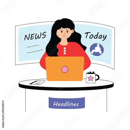 Creatively crafted news anchor character illustration, presenting the latest news