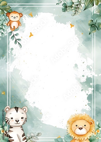 Watercolor jungle animals frame with copy space. Template for quotes, and greetings cards