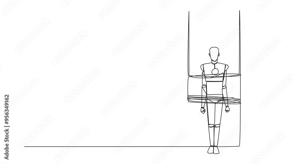Animated self drawing of continuous one line drawing the robot stands, its body tied to a large column. Technical error in providing code. Expressing great anger. Detained. Tech. Full length animation Animated self drawing of continuous one line drawing the robot stands, its body tied to a large column. Technical error in providing code. Expressing great anger. Detained. Tech. Full length animation
