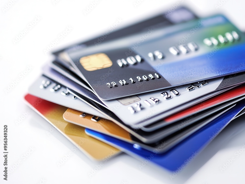 Stack of credit cards on a white surface, showcasing various designs and colors, ideal for finance and shopping concepts.