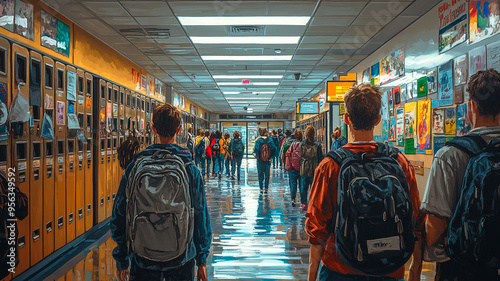Un bullicioso pasillo de instituto lleno de estudiantes charlando, taquillas abiertas, algunos alumnos apresurándose para ir a clase, otros pasando el rato en grupos, con vibrantes carteles  photo