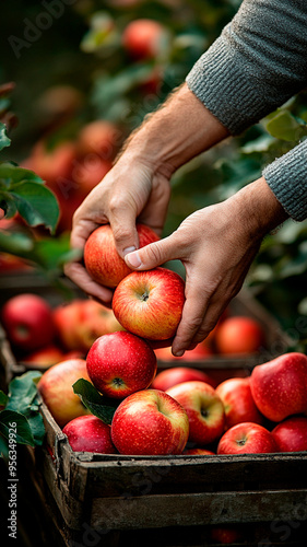 Primer plano de unas manos recogiendo manzanas de un árbol en un huerto, con cestas de manzanas recién recogidas al fondo.  photo