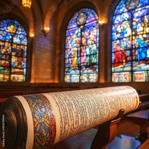 A rolled up scroll with ornate detailing sits in a church pew before stained glass windows. photo