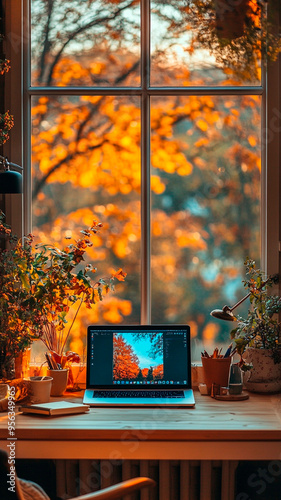 Una acogedora oficina en casa con un portátil, adornos de temática otoñal y una vista de los árboles con el follaje de principios de otoño al otro lado de la ventana. photo