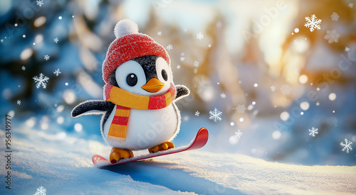 3D penguin skiing down a snowy slope