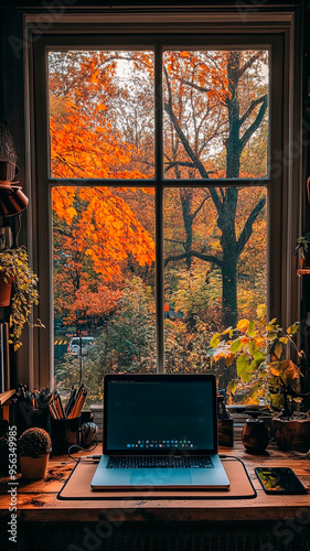 Una acogedora oficina en casa con un portátil, adornos de temática otoñal y una vista de los árboles con el follaje de principios de otoño al otro lado de la ventana. photo