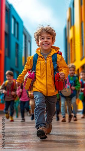 Un grupo de niños de primaria corren entusiasmados hacia un colorido edificio escolar con mochilas y fiambreras, bajo un brillante cielo matutino. 
