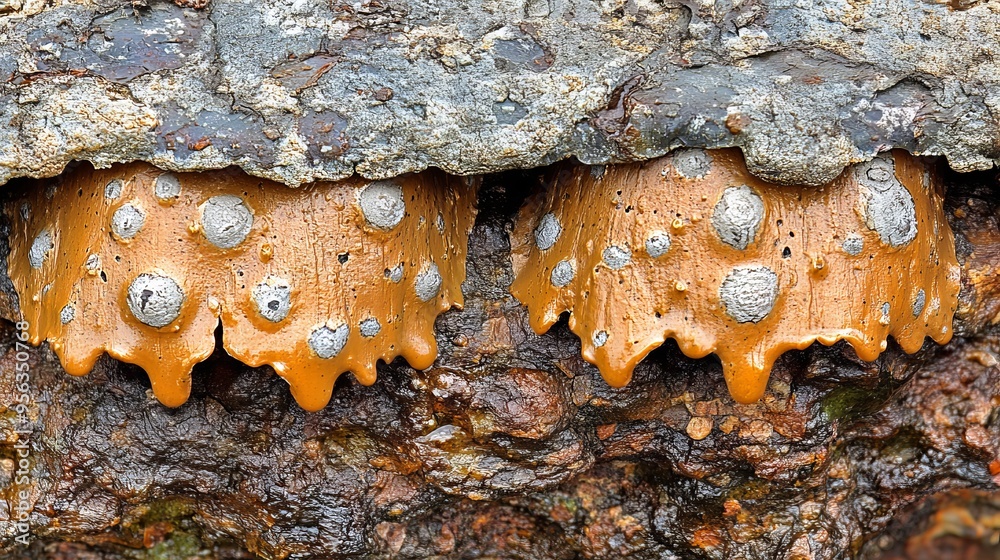 Unique orange barnacles with textured surfaces on a rocky coastline Unique orange barnacles with textured surfaces on a rocky coastline