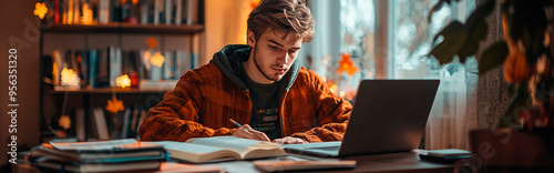 Un estudiante sentado en un escritorio lleno de libros de texto, cuadernos y un ordenador portátil, estudiando concentrado en una habitación bien iluminada con decoración otoñal.