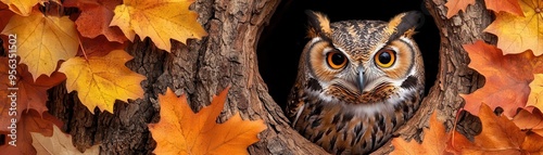 Owl in a tree hollow, surrounded by autumn leaves, Thanksgiving warmth, watercolor style