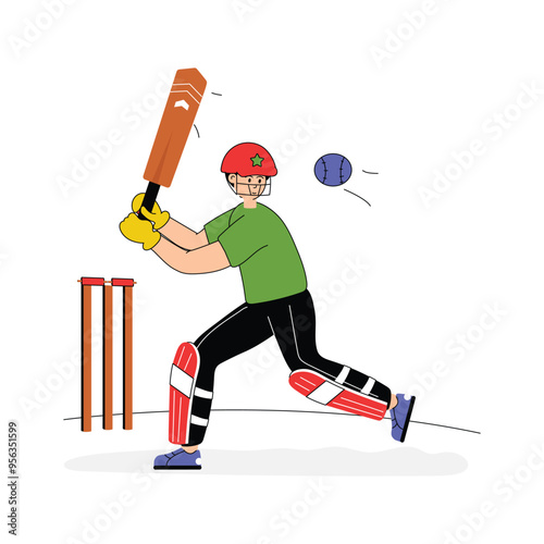 Playing cricket, showing skill and teamwork on the field, cricketer flat illustration