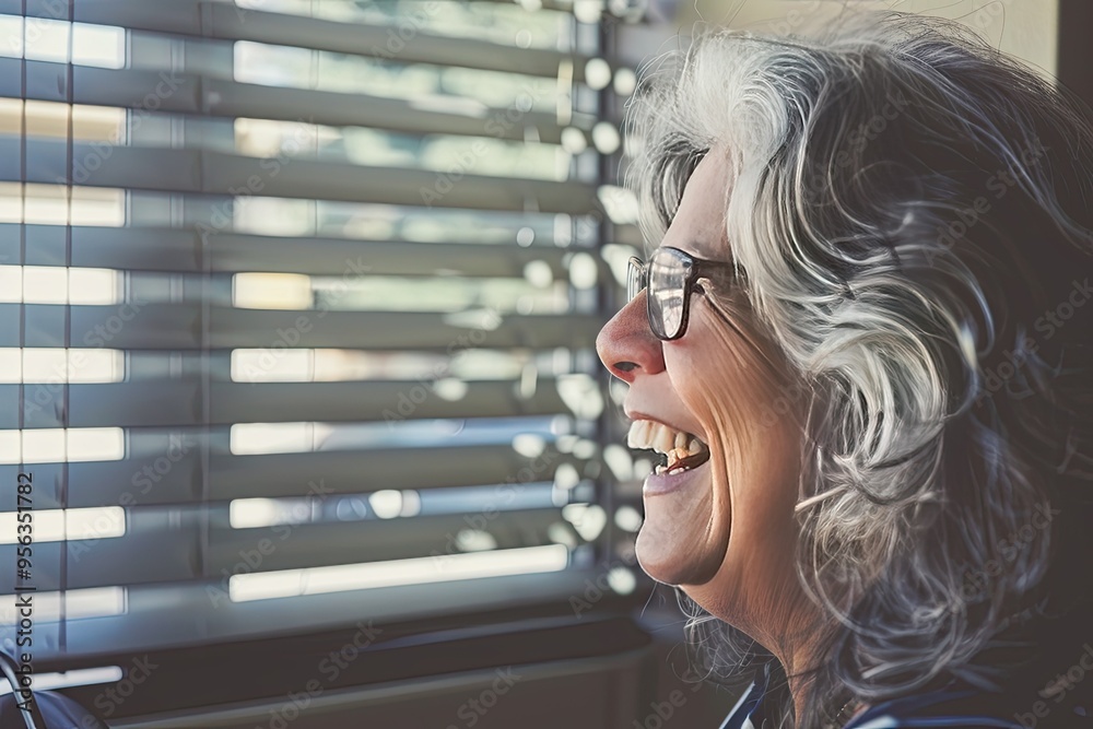 Fototapeta premium A woman with glasses is smiling and looking out the window