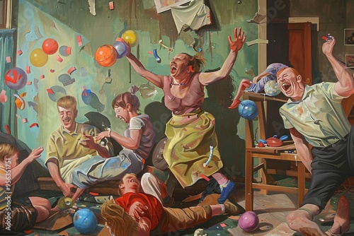 A painting of a family playing with balloons photo