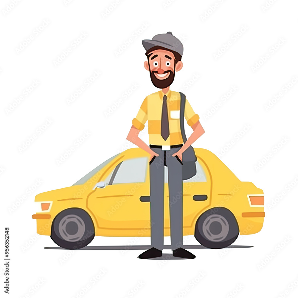 An illustration of a smiling taxi driver with a taxi car