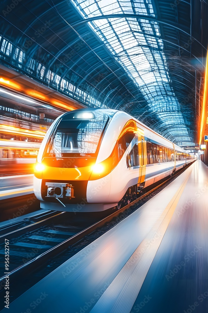 Modern High-Speed Train Arriving at a Train Station. Modern High-Speed Train Arriving at a Train Station.
