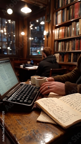 Los dedos tecleando en una máquina de escribir antigua o en el teclado de un portátil, con una taza de café y notas manuscritas esparcidas por todas partes, ponen de relieve el proceso de escritura.