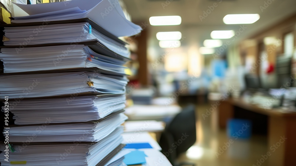 A cluttered office scene with a stack of papers, representing organization challenges and workspace dynamics. A cluttered office scene with a stack of papers, representing organization challenges and workspace dynamics.