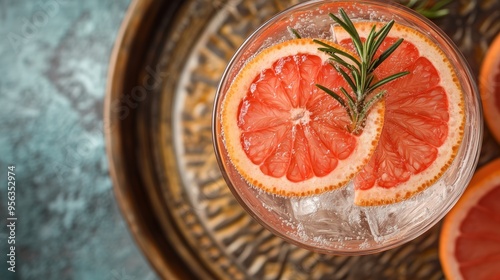 A vibrant vodka tonic with grapefruit and rosemary rests on a textured tray, glistening in warm light. photo