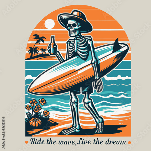vector t-shirt design a skeleton with a surfboard and Beer
