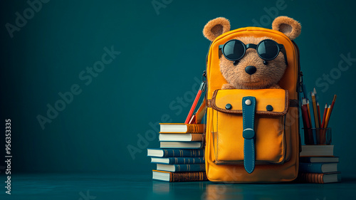 Concepto de vuelta al cole con una mochila amarilla entreabierta, derramando libros y artículos de papelería, sobre un fondo azul estampado, renderizado 3D con sombras suaves.