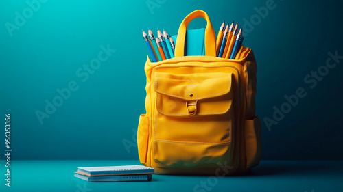 Concepto de vuelta al cole con una mochila amarilla entreabierta, derramando libros y artículos de papelería, sobre un fondo azul estampado, renderizado 3D con sombras suaves.