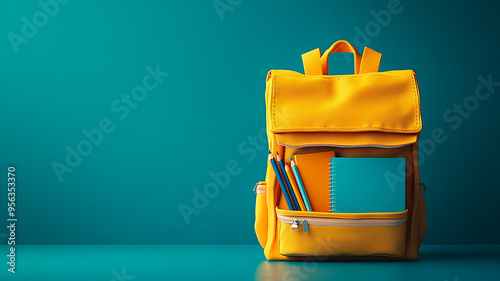 Concepto de vuelta al cole con una mochila amarilla entreabierta, derramando libros y artículos de papelería, sobre un fondo azul estampado, renderizado 3D con sombras suaves. photo