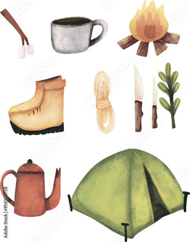 Set of camping tools. Watercolor style of camping tools. Camping tools vector art. Camping tools vector art collection