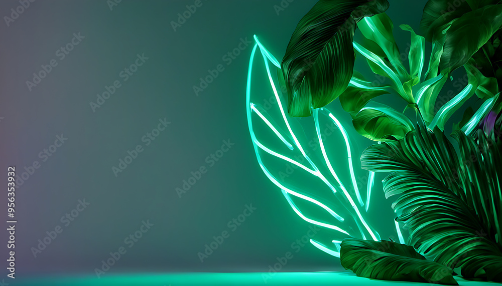 Green and Blue Neon Light Accentuating Tropical Leaves, Perfect for Futuristic Nature Themes with Vivid Colors and Bold Contrasts in Design Green and Blue Neon Light Accentuating Tropical Leaves, Perfect for Futuristic Nature Themes with Vivid Colors and Bold Contrasts in Design