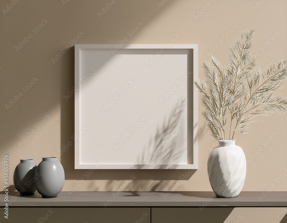 Poster picture frame mockup on wooden tiles floor with aesthetic shadow Poster picture frame mockup on wooden tiles floor with aesthetic shadow