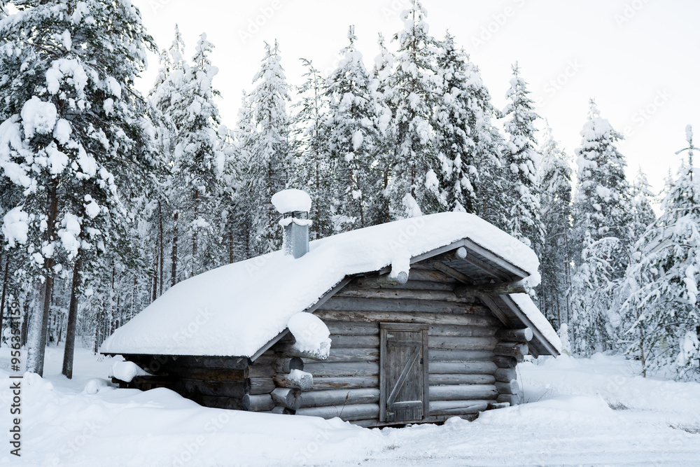Picture of Traditional Scandinavian house in a snowy winter setting. Ideal for ...