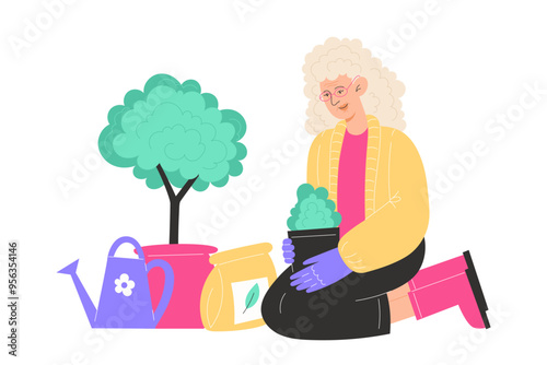 A elderly woman sits and plants flowers in pots