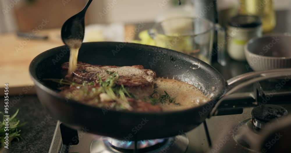 Recipe, steak and frying pan with hands with person in kitchen for cooking food, diet and meal prep. Nutrition, meat cuisine and dinner with beef at home for wellness, dining and healthy ingredients