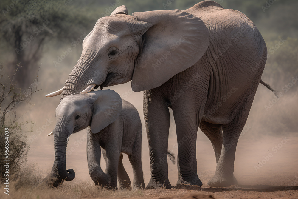 Fototapeta premium African elephant with baby in Masai Mara National Park, Kenya, Africa