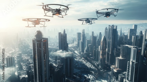 A futuristic cityscape with drones seamlessly navigating the skies, delivering packages to high-rise buildings with pinpoint accuracy, while avoiding other air traffic