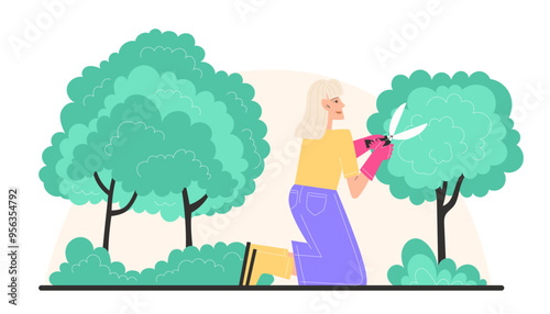 A elderly woman trims bushes in the garden with garden shears
