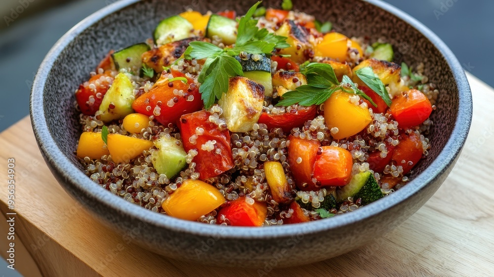 Fresh and Colorful Quinoa Salad with Grilled Vegetables in a Rustic Bowl on Wooden Table Fresh and Colorful Quinoa Salad with Grilled Vegetables in a Rustic Bowl on Wooden Table