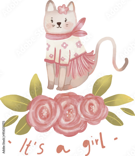 Watercolor style of Cute cat with pink flowers  for baby shower invitations or posters. It's a girl. Vector illustration of gender reveal, it’s a girl gender reveal