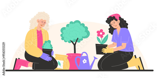 Grandmother and granddaughter plant flowers in pots in the garden