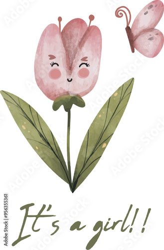 It's a girl. Watercolor style of Cute pink flower for baby shower invitations or posters. It's a girl. Vector illustration of gender reveal, it’s a girl,,  gender reveal