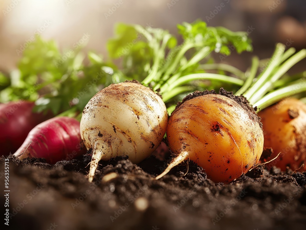 Freshly Harvested Root Vegetables in Garden Soil with Sunlight and Green Leaves Freshly Harvested Root Vegetables in Garden Soil with Sunlight and Green Leaves
