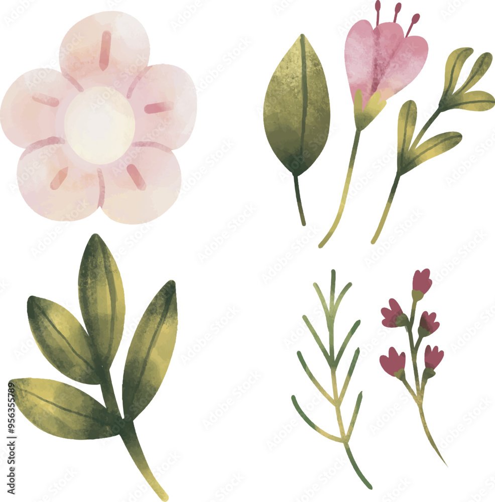 Obraz premium pink flowers set in watercolorstyle, watercolor collection of pink flowers