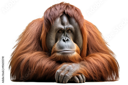 High-quality orangutan isolated on transparent background for wildlife design projects, featuring detailed fur texture and expressive eyes ideal for nature illustrations and conservation-themed visual photo