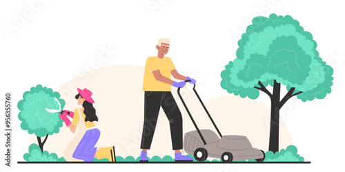 A elderly man mows the lawn with a lawnmower and young woman trims bushes in the garden