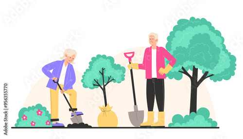 Grandma and Grandpa dig the ground with a shovel and plants a young tree