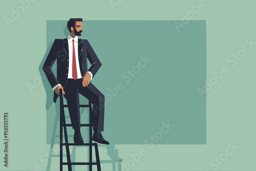 Ambitious Businessman Climbing Ladder to Vacant Management Chair, Searching for Job Promotion and Career Advancement