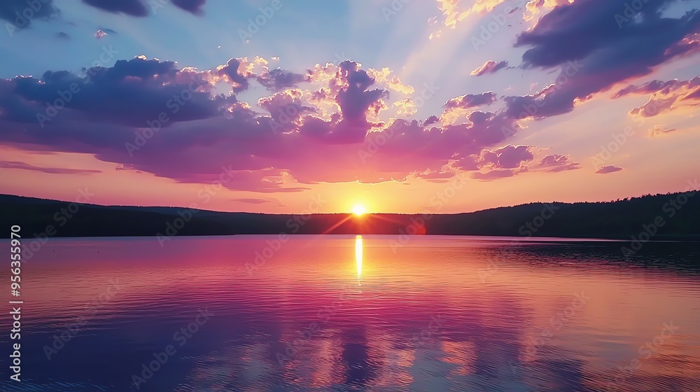 Vibrant sunset over a calm lake with colorful clouds reflecting on the water. Vibrant sunset over a calm lake with colorful clouds reflecting on the water.