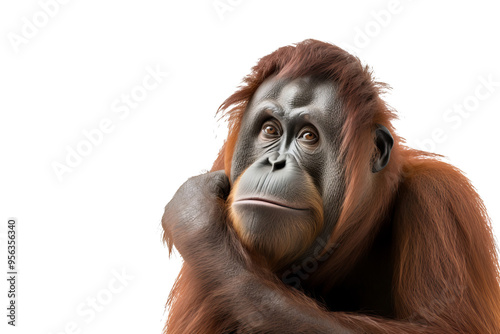 High-quality orangutan isolated on transparent background for wildlife design projects, featuring detailed fur texture and expressive eyes ideal for nature illustrations and conservation-themed visual photo